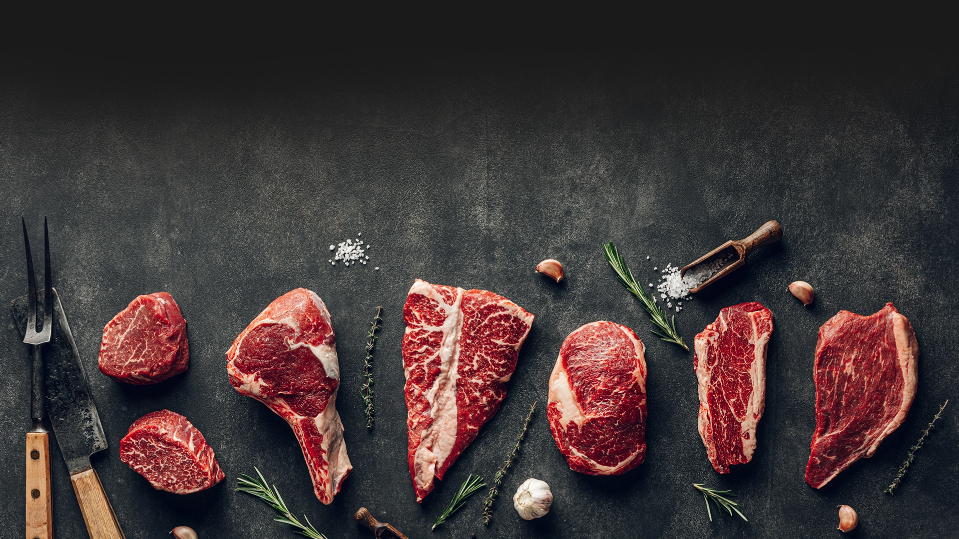 different cuts of meat on gray background